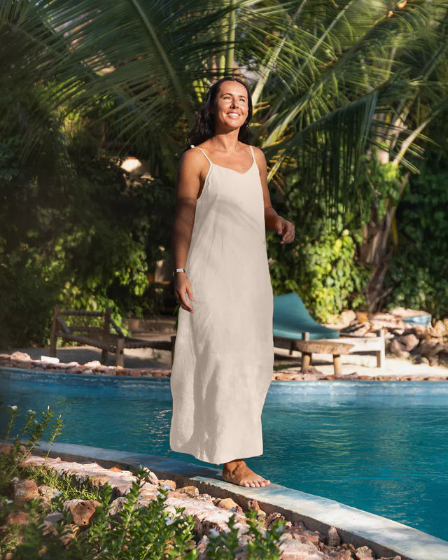 menique Maxi Minimal Linen Dress Livia | Slip Summer Beach Dress | Natural