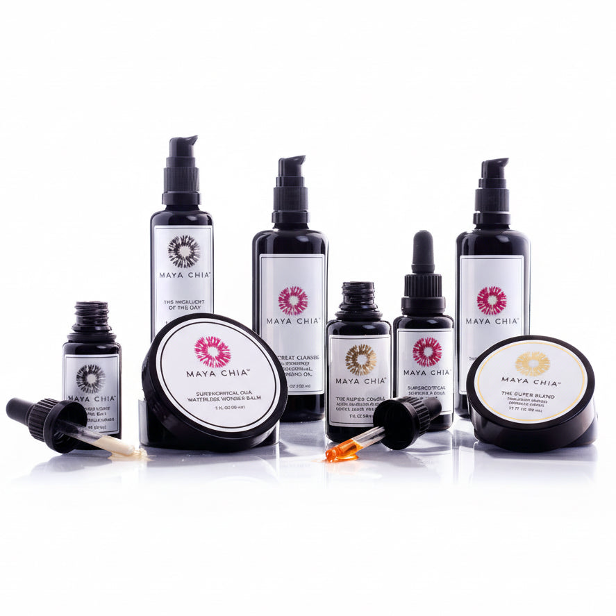 Maya Chia skincare products on a white background