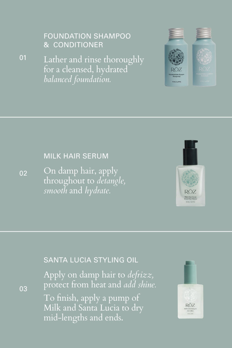 Hair care product set with bottles and text instructions on a light green background