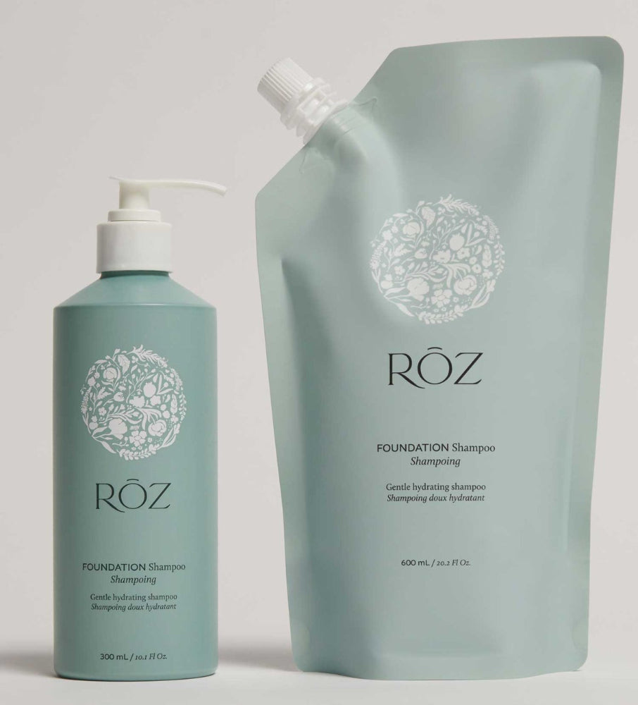 Röz shampoo bottle and refill pouch on a light gray background