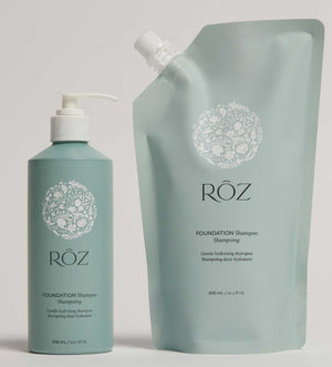 Röz shampoo bottle and refill pouch on a light gray background