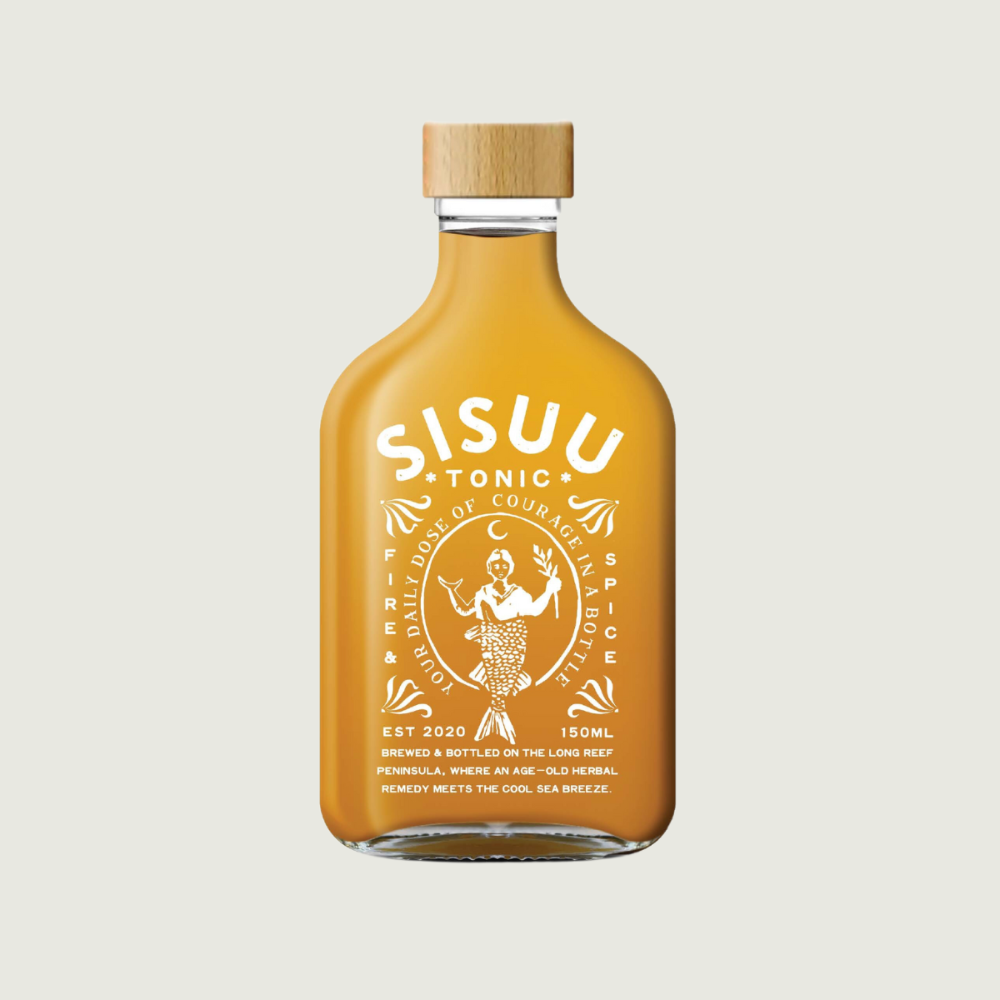 SISUU Tonic bottle with a wooden cap on a light gray background