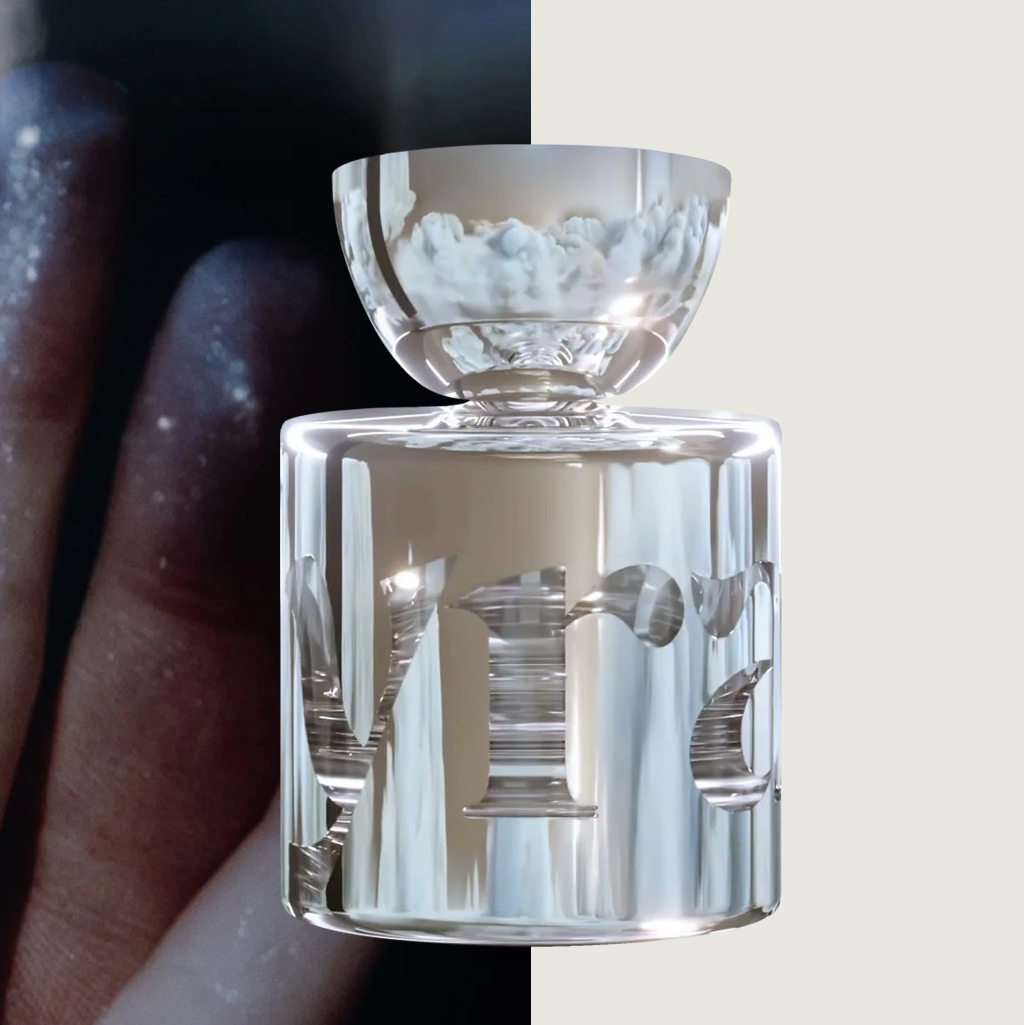 Clear glass container with a lid held by a hand on a black and white background