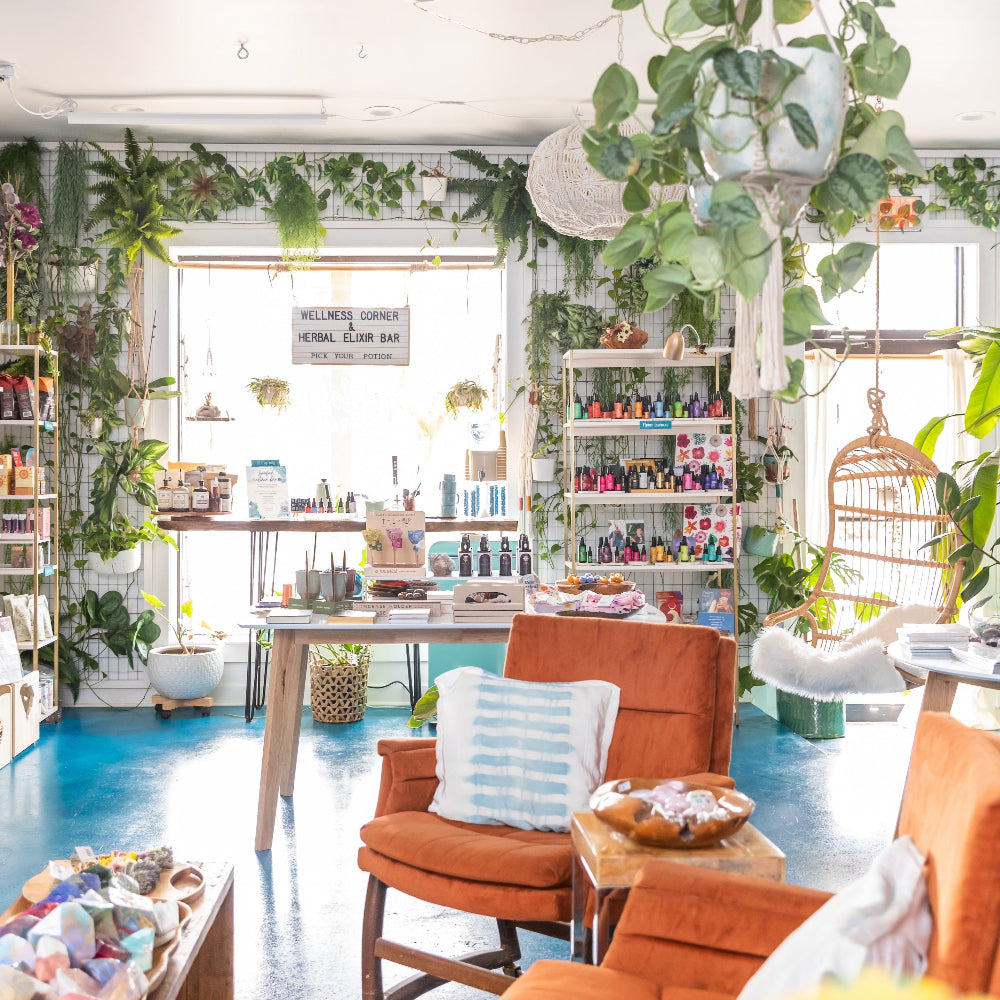 Wildcraft Charleston retail shop interior design with orange chairs, blue floor, and green plants.