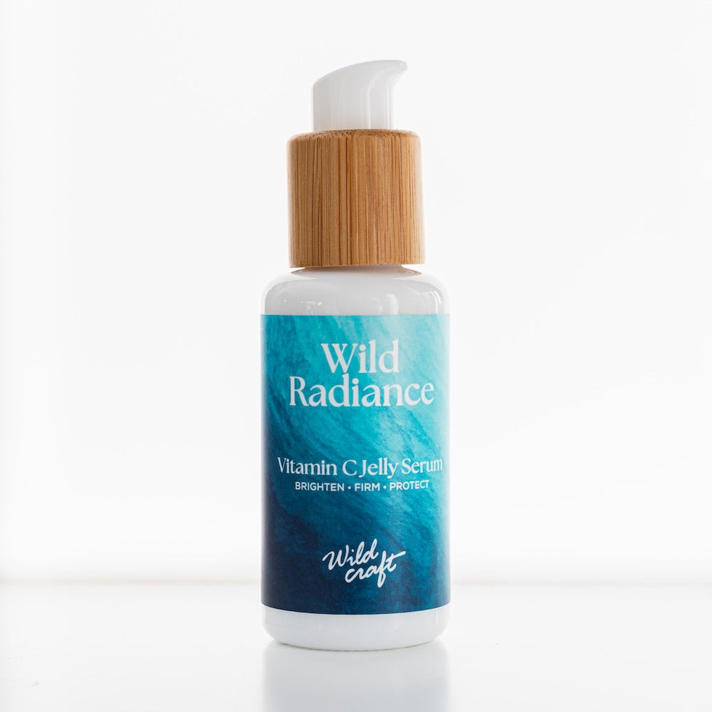 Wild Radiance Vitamin C Jelly Serum bottle with bamboo cap on a white background