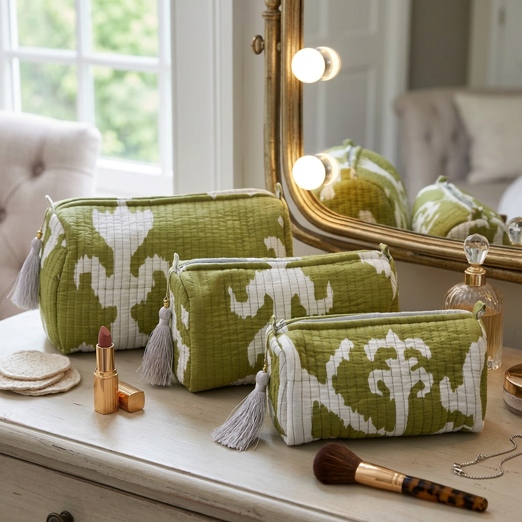 AMRANIS Green & White Block Printed Toiletry Bag (Medium Bag)