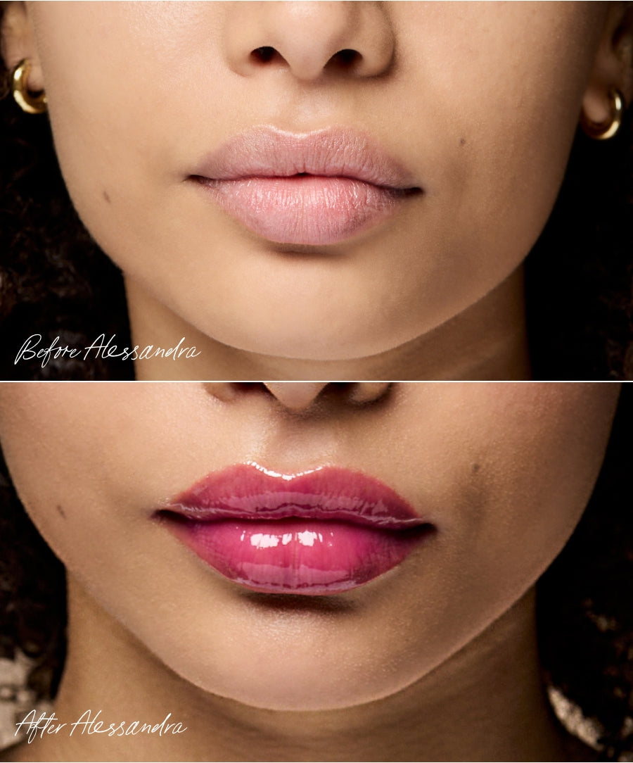 Before and after comparison of a woman's lips with a cosmetic product applied.