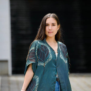 Ichcha Women's Kaftan Dress Green Block Print Luxurious | Heera