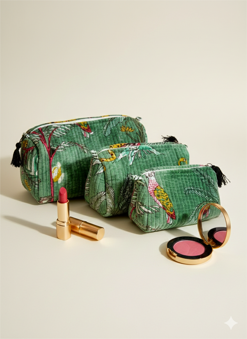AMRANIS Jungle Block Printed Toiletry Bag (MEDIUM Velvet Bag)