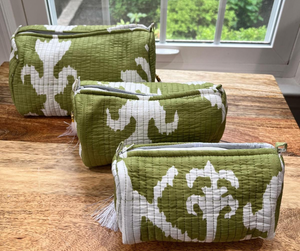 AMRANIS Green & White Block Printed Toiletry Bag (Medium Bag)