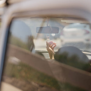 Person sitting inside a car with hand on window, blurred background