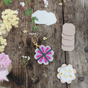 Decorative keychain and stickers on a wooden surface with flowers