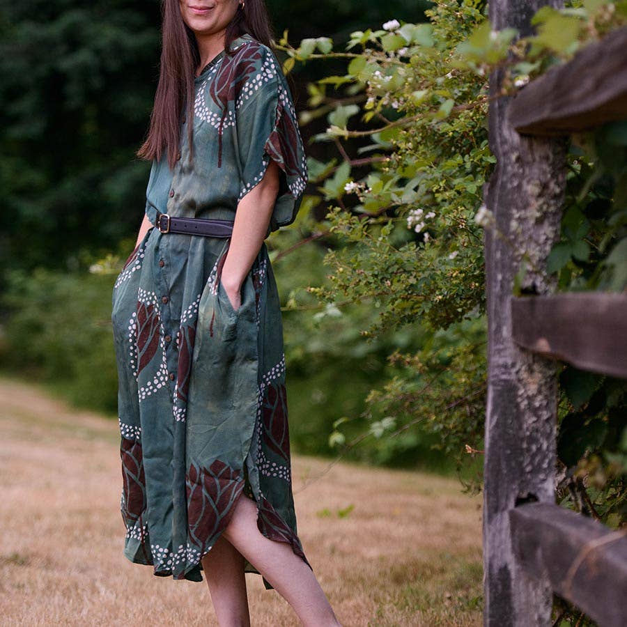 Ichcha Women's Kaftan Dress Green Block Print Luxurious | Heera