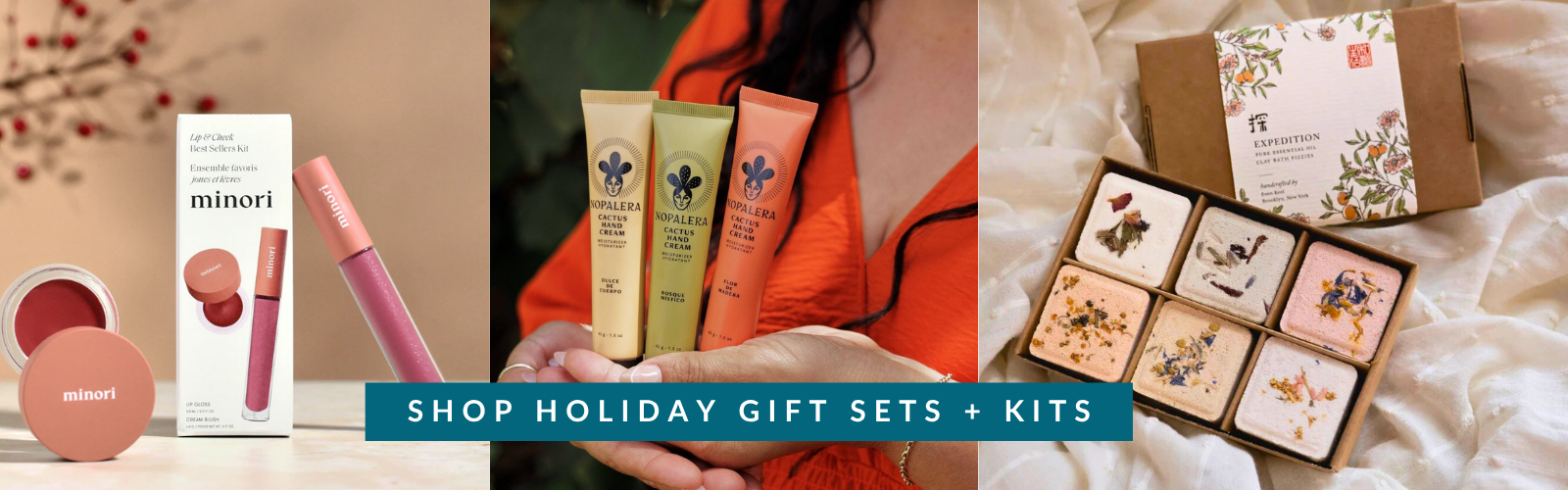 Collage of holiday gift sets and kits with a promotional banner.