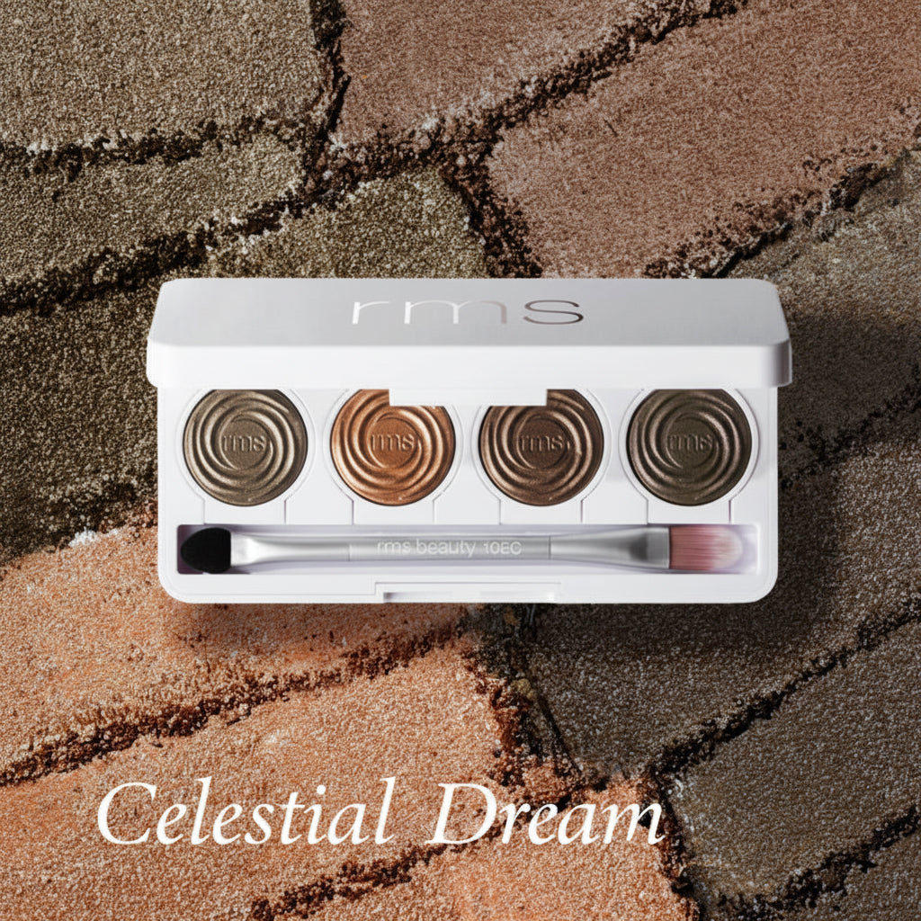 Makeup palette with brushes on a textured brown surface