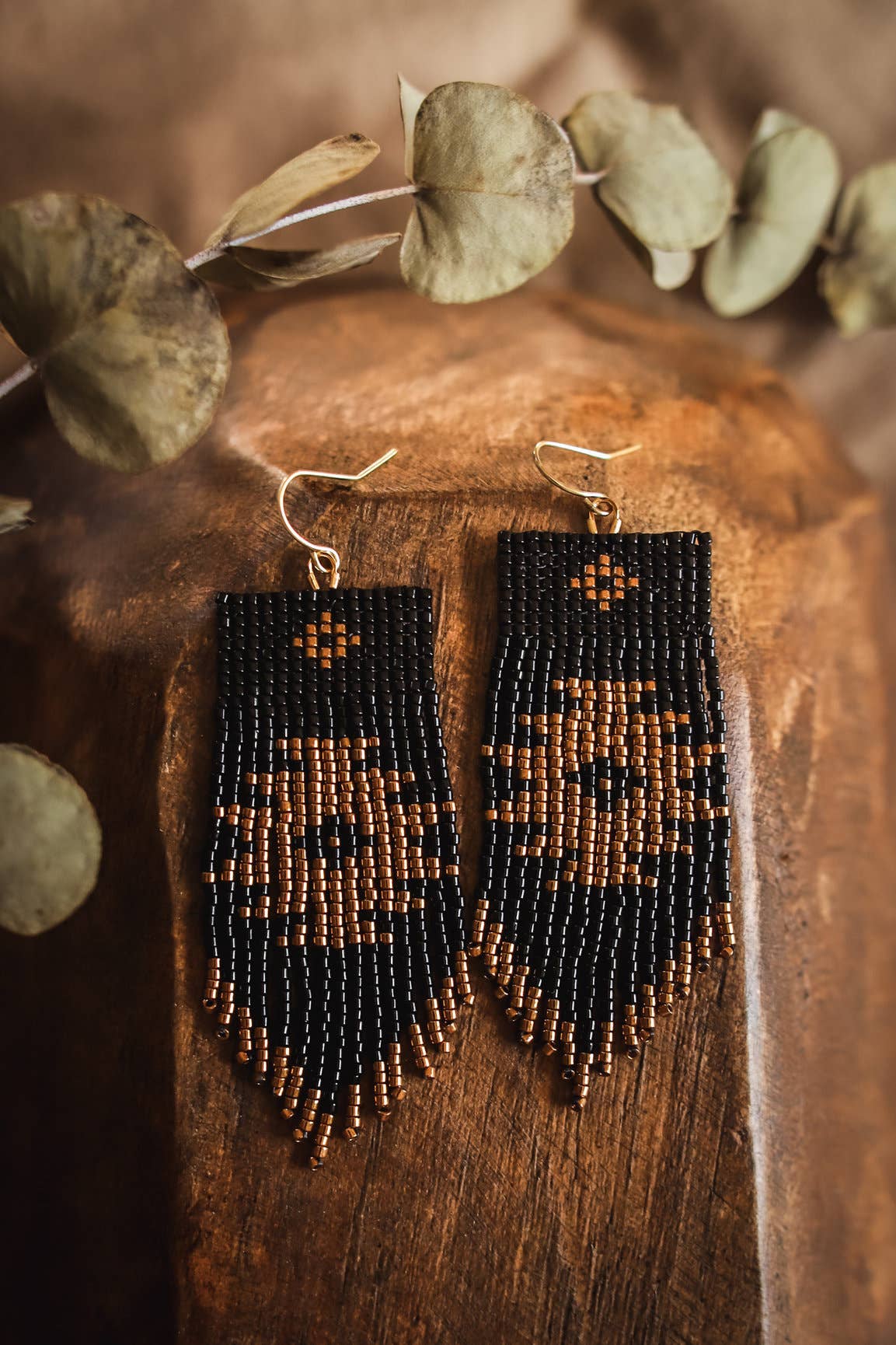 Mayana Designs Co | Beaded Handwoven Tribal Fringe Earrings (Black/Bronze)