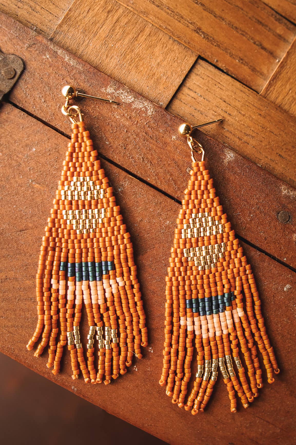 Mayana Designs Co | Beaded Handwoven Boho Half-Moon Fringe Earrings (Ocre)