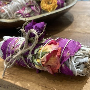 Rose Petal Wrapped White Sage Smudge Wand | 4" (pink or yellow petals)