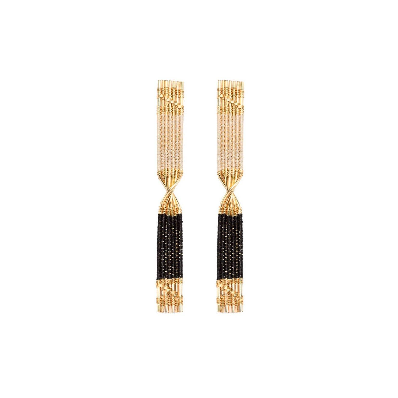 Mayana Designs Co - Handwoven Twisted Wire and Cord Rectangles Earrings (Cream/Black)
