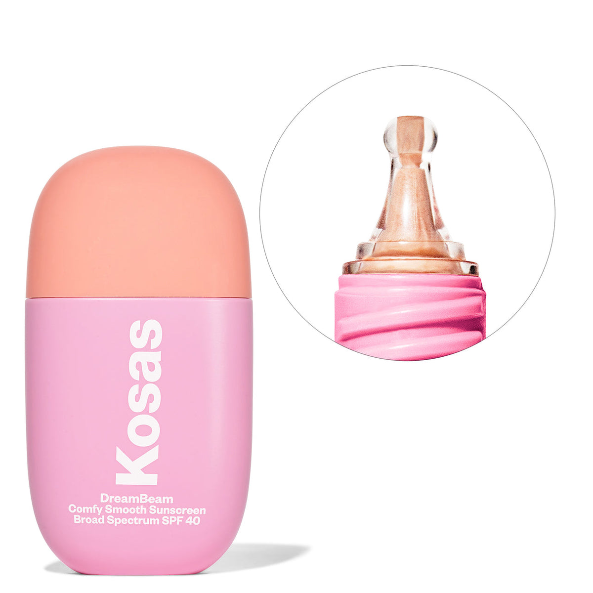 A pink bottle of Kosas Dreambeam Comfy Smooth Sunscreen Broad Spectrum SPF 40 with a twist dispenser cap.