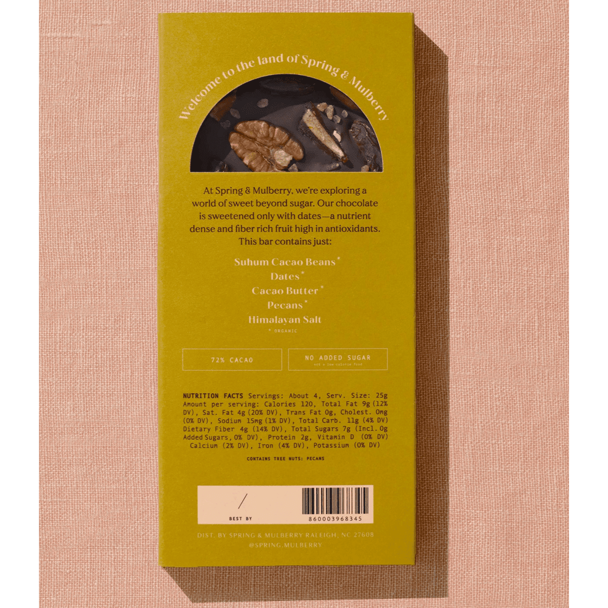 Spring & Mulberry Date Sweetened Chocolate Bar ~ Madijool Dates, Pecans, Himalayan Salt